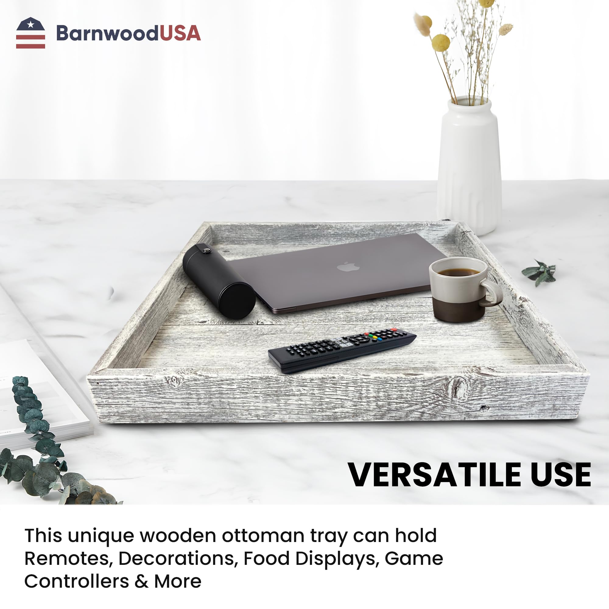 Wooden Ottoman Tray with Felt Pad – Decorative Couch Serving Tray Made with Real Rustic Reclaimed Wood - Perfect for Living Room Ottomans, Sofas, & Coffee Tables -18" x 18"- White Wash - Image 3