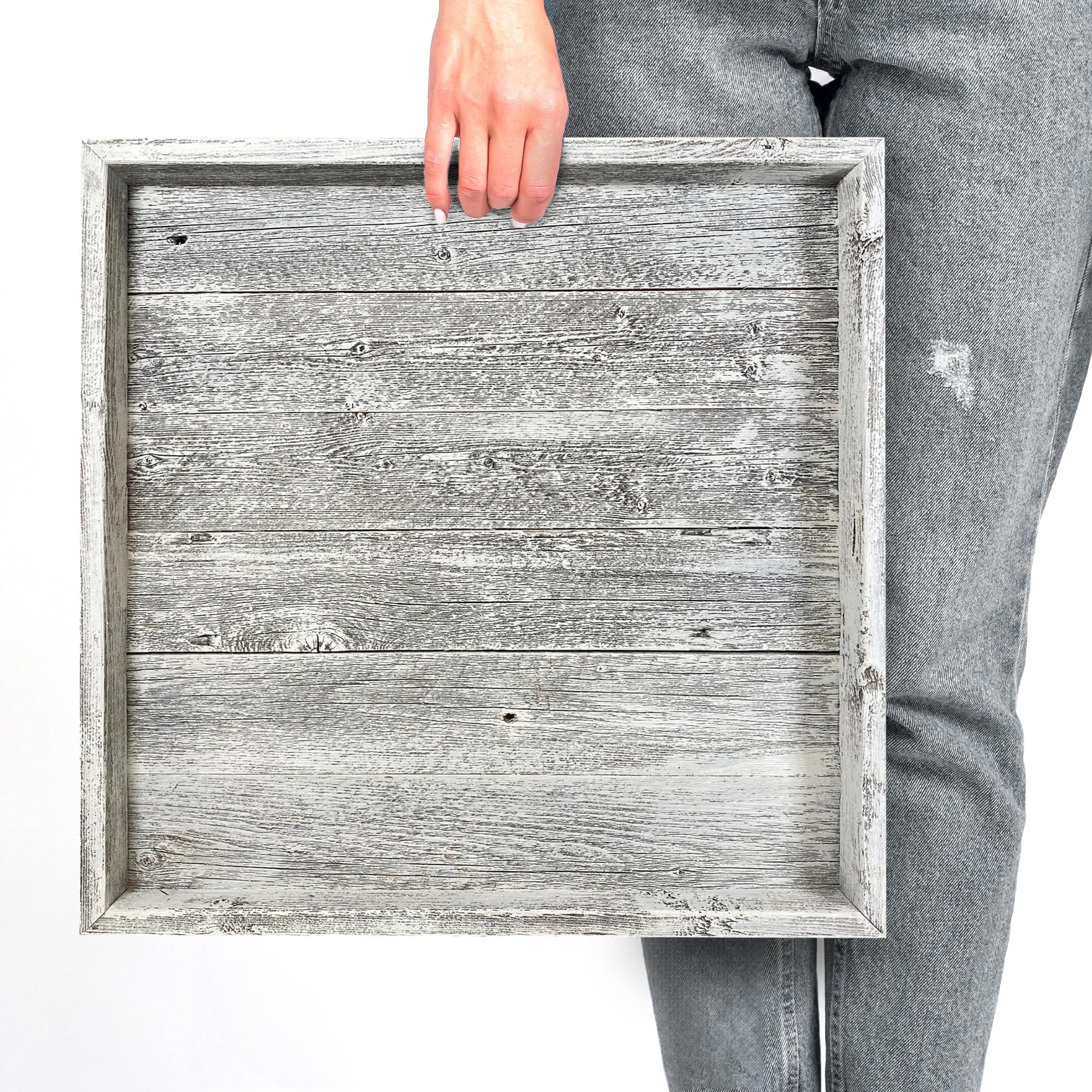 Wooden Ottoman Tray with Felt Pad – Decorative Couch Serving Tray Made with Real Rustic Reclaimed Wood - Perfect for Living Room Ottomans, Sofas, & Coffee Tables -18" x 18"- White Wash - Image 6