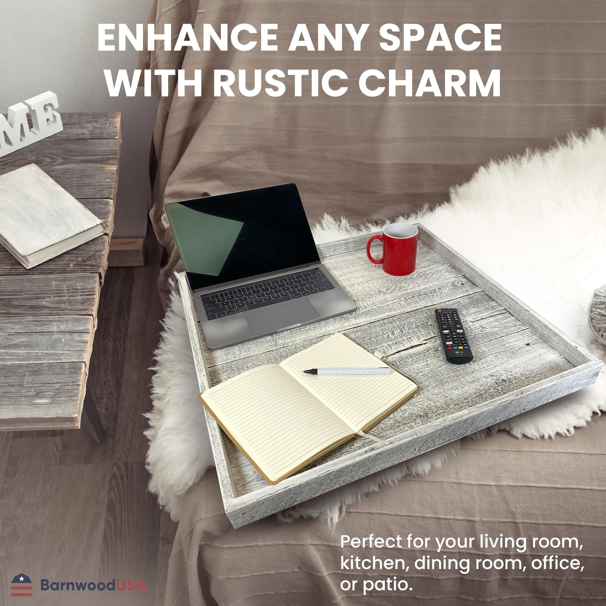 Wooden Ottoman Tray with Felt Pad – Decorative Couch Serving Tray Made with Real Rustic Reclaimed Wood - Perfect for Living Room Ottomans, Sofas, & Coffee Tables -18" x 18"- White Wash - Image 7